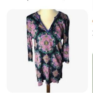 J CREW Dress Tunic Black Pink Medallion Print Gauzy 3/4 Sleeve Side Slits Sz MP